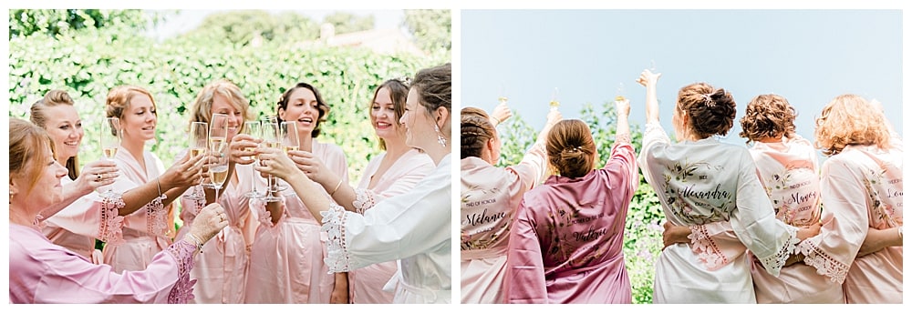 mariée et ses témoins avec champagne et kimono personnalisée sur la Cote d'Azur